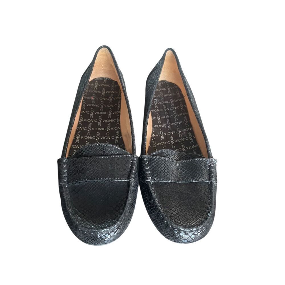 Vionic Chill Larrun Loafers Black Leather Snake Print Pull On US 7